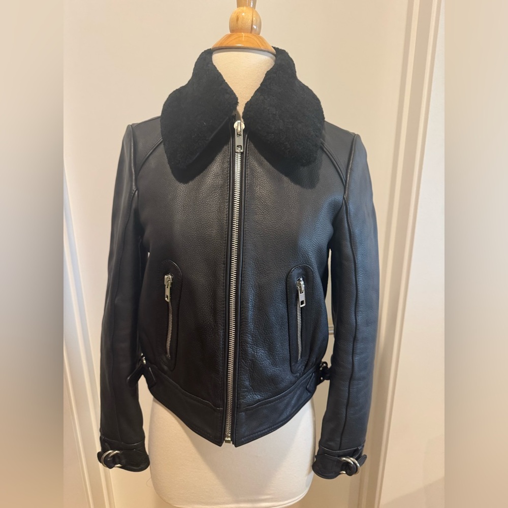 Maje Black Leather Jacket with Shearling Collar